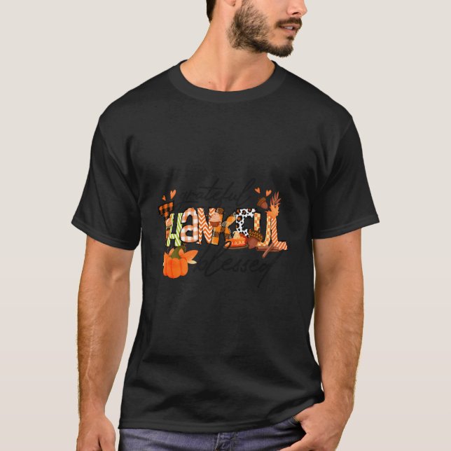 Grateful Thankful Blessed Fall Autumn Thanksgiving T-Shirt (Front)