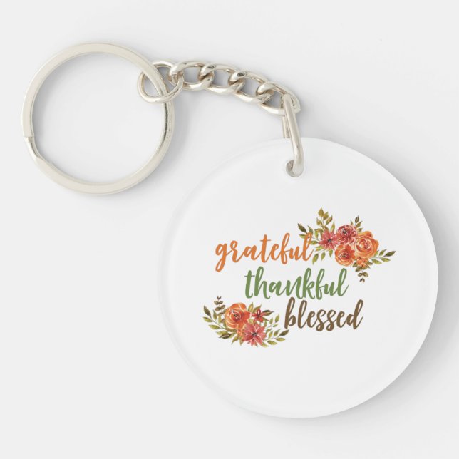 Grateful, Thankful, Blessed Floral Typography Key Ring (Front)