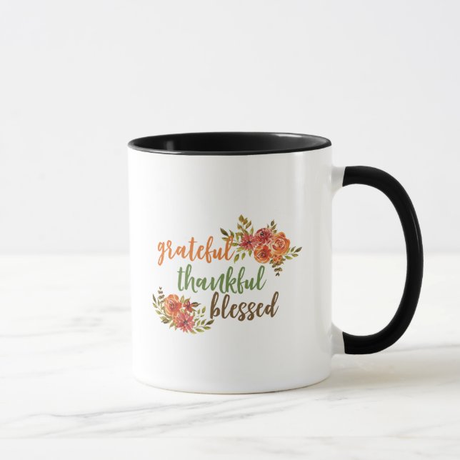 Grateful, Thankful, Blessed Floral Typography Mug (Right)