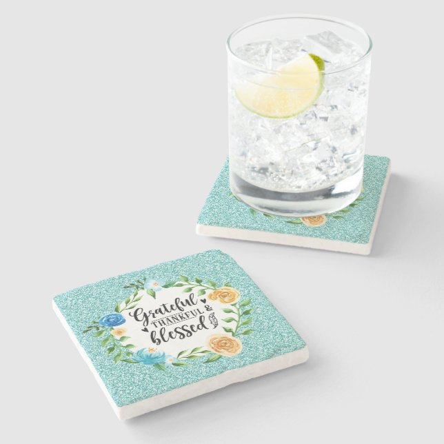 Grateful Thankful Blessed Floral Watercolor Wreath Stone Coaster (Side)