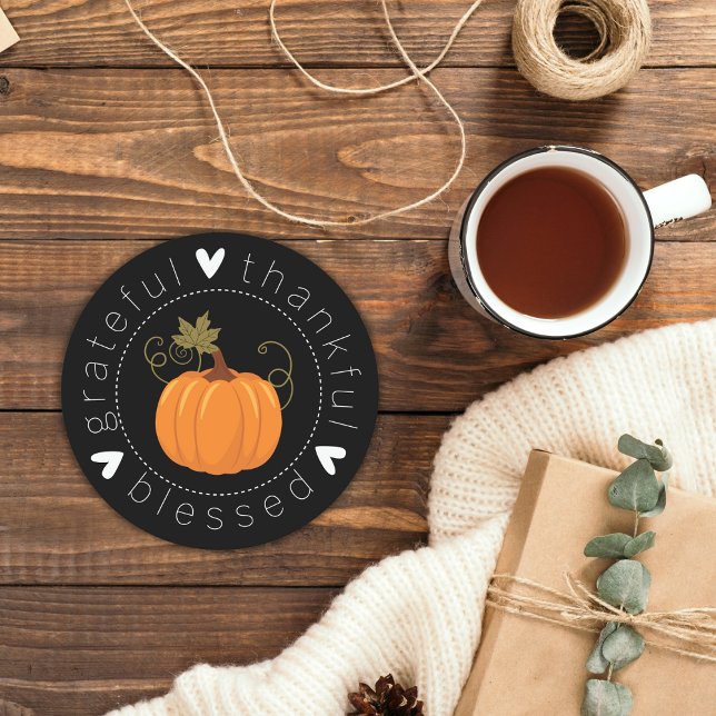 Grateful, Thankful, Blessed Folk Art Pumpkin Round Paper Coaster (Grateful, Thankful, Blessed Folk Art Pumpkin Round Paper Coaster)