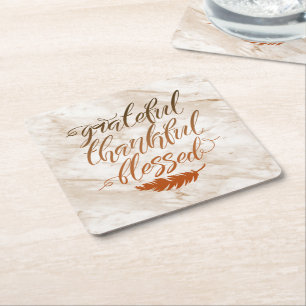 Grateful Thankful Blessed Modern Marble Feather Square Paper Coaster