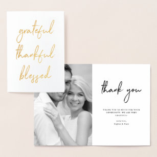 Grateful Thankful Blessed   Script and Photo Gold Foil Card