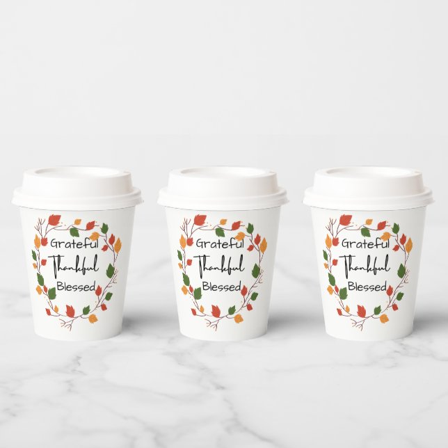 Grateful Thankful Blessed Thanksgiving Leaves Fall Paper Cups (Multi)