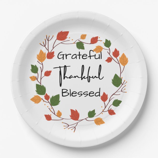 Grateful Thankful Blessed Thanksgiving Leaves Fall Paper Plate (Front)