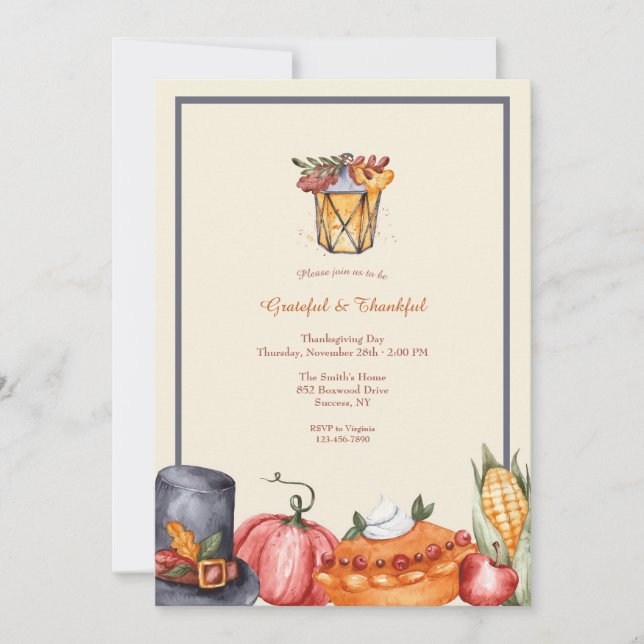 Grateful & Thankful Thanksgiving Day  Invitation (Front)