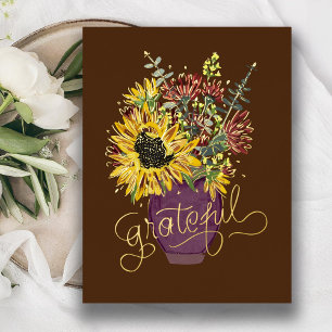 Grateful Thanksgiving Bouquet Gold Foil Holiday Postcard