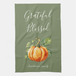 Grateful Thanksgiving Pumpkin Moss Green Tea Towel