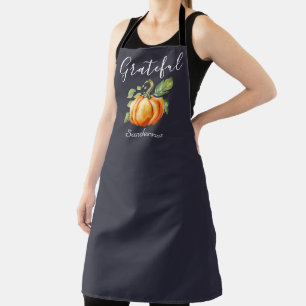Grateful Watercolor Pumpkin Thanksgiving Navy Apron