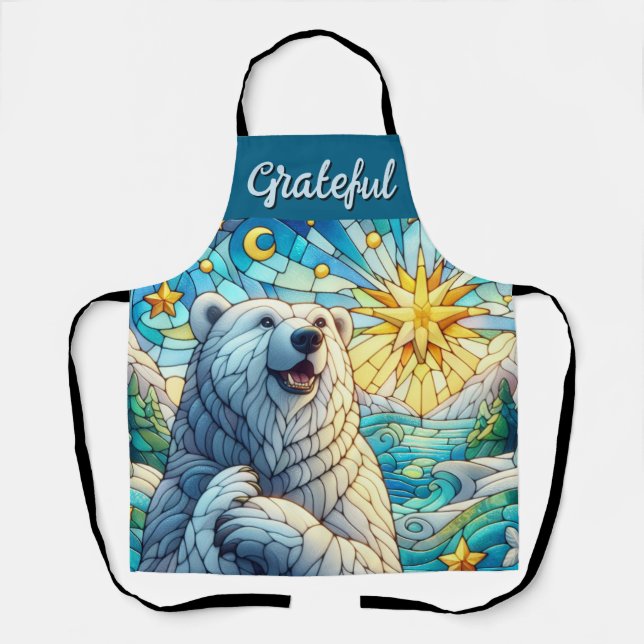 Grateful Whimsical Polar Bear Faux Stained Glass Apron (Front)