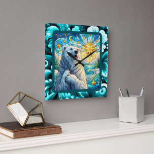 Grateful Whimsical Polar Bear Faux Stained Glass Square Wall Clock