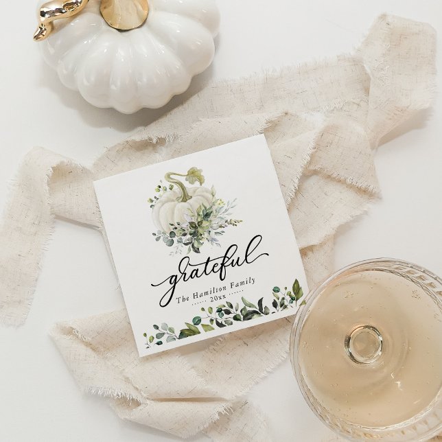 Grateful White Pumpkin Greenery Thanksgiving Napkin (Creator Uploaded)
