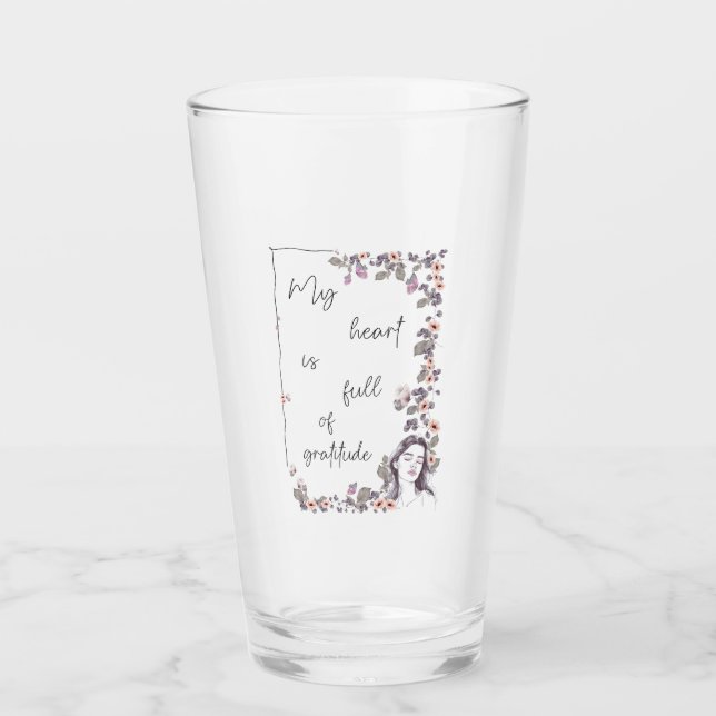 Gratitude Affirmation. Floral Positive Mindset Glass (Front)