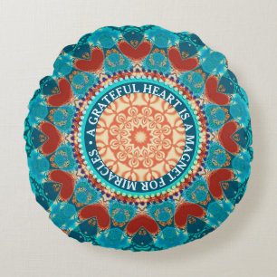 Gratitude Aqua Teal Mandala Customisable Quote Round Cushion