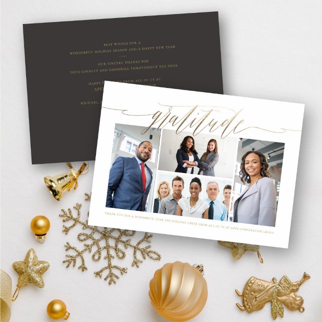 Gratitude Gold Script Multi Photo Stylish Business Holiday Card (Creator Uploaded)
