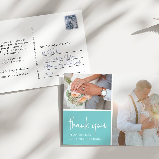 Gratitude in Aqua | Wedding Photo Thank You Postcard (Creator Uploaded)