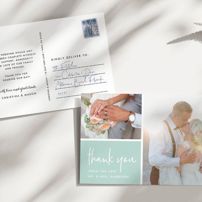 Gratitude in Mint | Wedding Photo Thank You Postcard (Creator Uploaded)