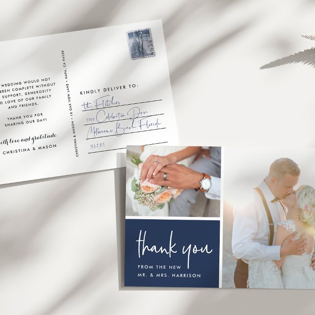 Gratitude in Navy | Wedding Photo Thank You Postcard (Creator Uploaded)
