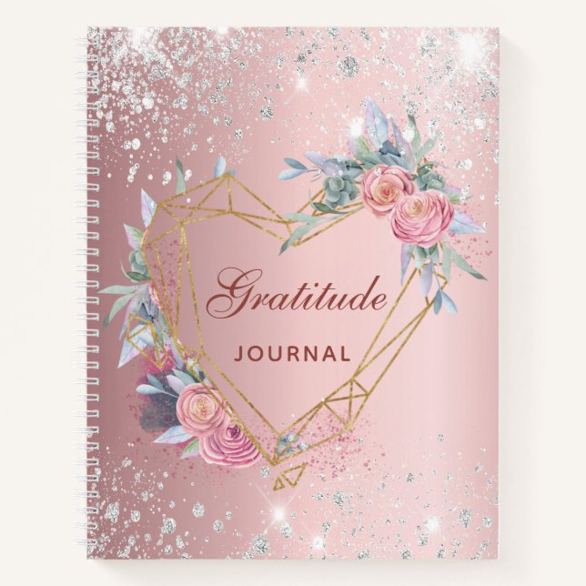Gratitude journal blush pink floral silver glitter (Front)