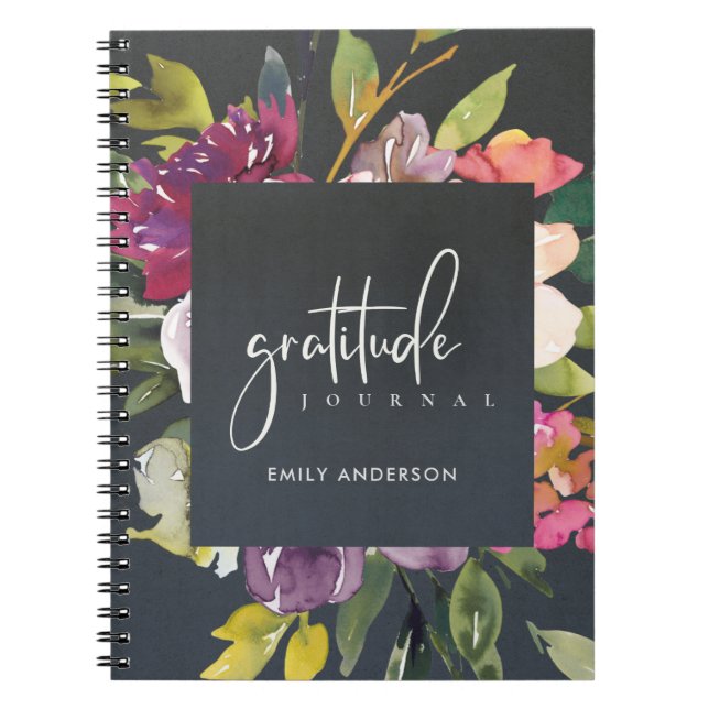 GRATITUDE JOURNAL GREY PINK BURGUNDY PURPLE FLORAL (Front)