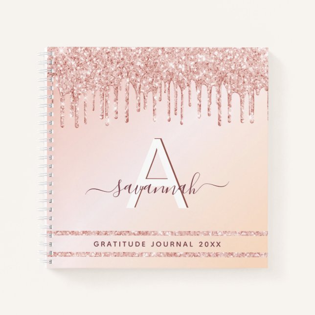 Gratitude journal monogram rose gold pink glitter (Front)