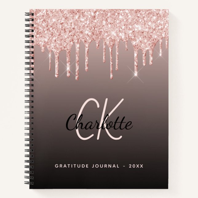 Gratitude Journal rose gold glitter black monogram (Front)