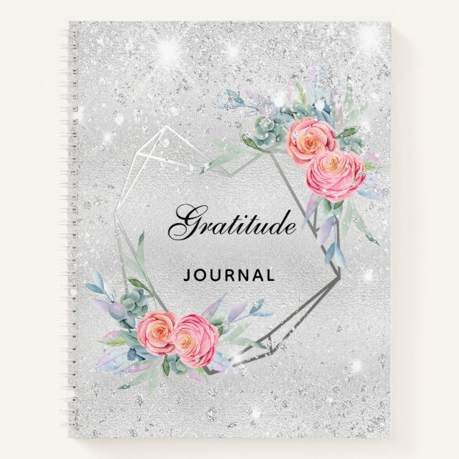 Gratitude journal silver pink florals glitter dust (Front)