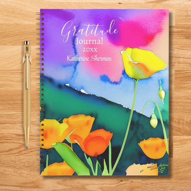 Gratitude Journal Watercolor Floral Poppies Pink (Gratitude Journal: Start your day with a positive attitude. Write down 3 items daily. Add your name.)