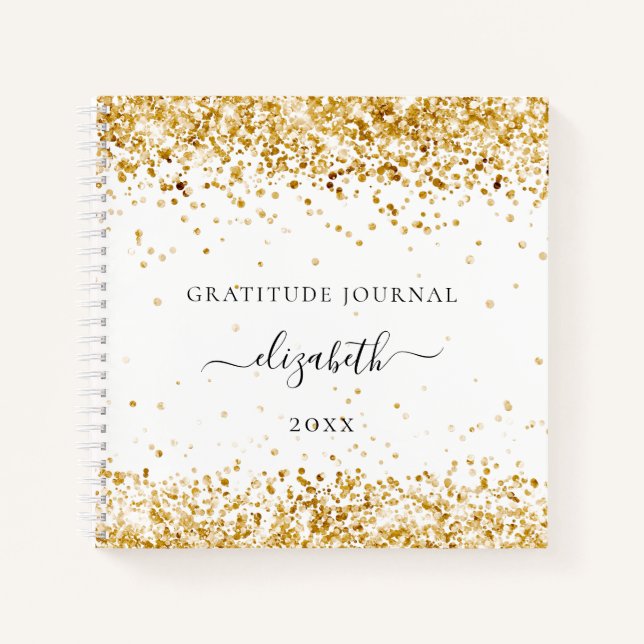Gratitude journal white gold confetti name (Front)