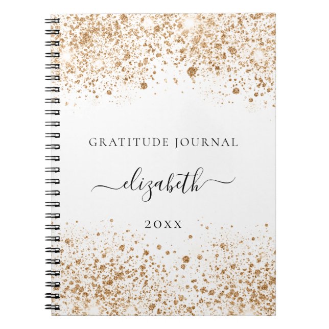 Gratitude journal white gold glitter dust name (Front)