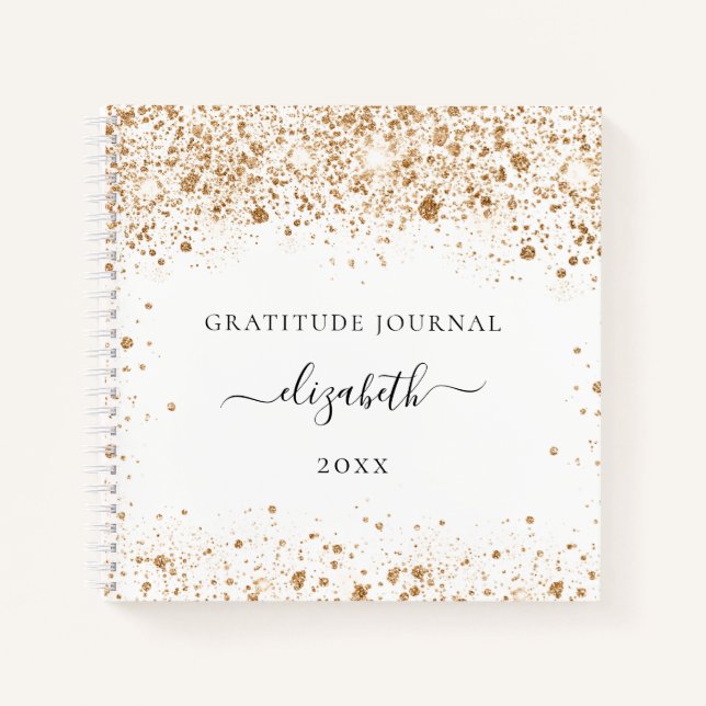 Gratitude journal white gold glitter name (Front)