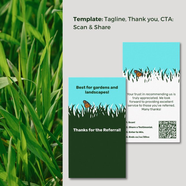 🦋Gratitude Lawn Butterfly Referral Thank You Business Card (🦋Gratitude Lawn Butterfly Referral Thank You Business Card,Tagline,  Scan, Share, Win, Ends)
