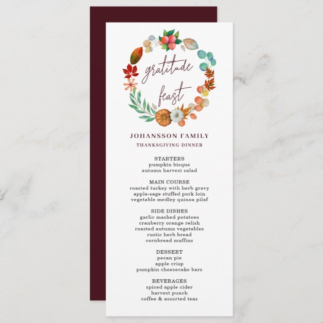 GRATITUDE PUMPKIN WREATH THANKSGIVING DINNER  MENU (Front/Back)