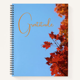 "Gratitude" Red Maple Leaves Blue Background Notebook
