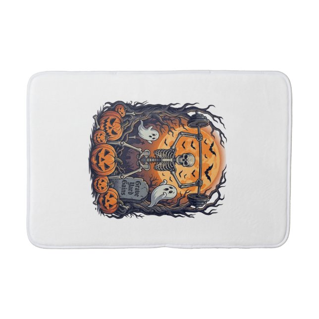 Grave Yard Gains Skeleton Lifting Barbell Hallowee Bath Mat (Front)