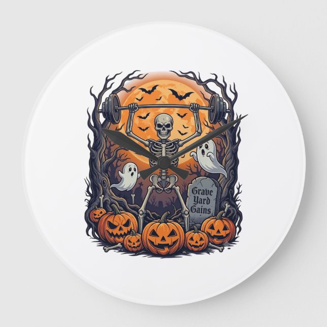 Grave Yard Gains Skeleton Lifting Barbell Hallowee Large Clock (Front)