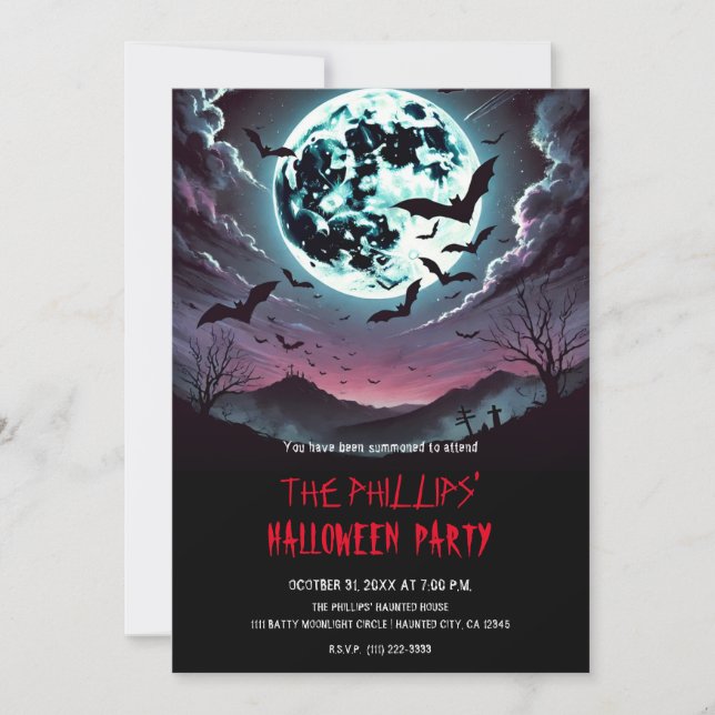 Graveyard Bats in the Moonlight Halloween Party Invitation (Front)