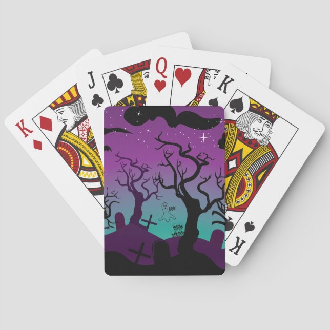 Graveyard black, purple, turquoise Halloween Playing Cards (Back)