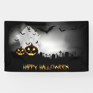 Graveyard, Ghost, Pumpkins and Bats Halloween Banner