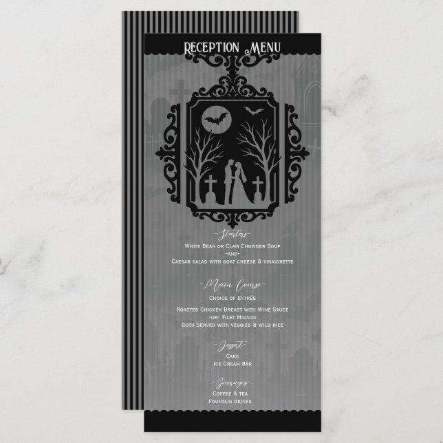 Graveyard Vows Black & Grey Gothic Wedding Menu (Front/Back)