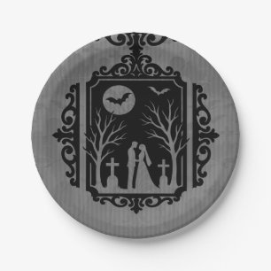 Graveyard Vows Black & Grey Gothic Wedding Paper Plate