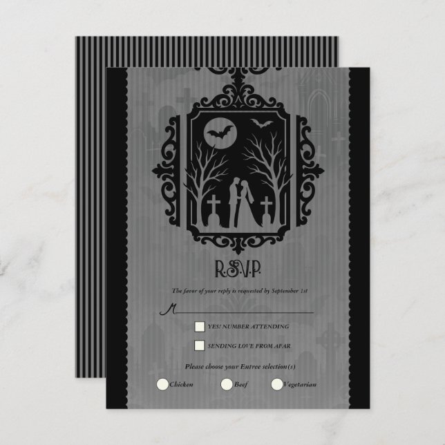 Graveyard Vows Black & Grey Gothic Wedding RSVP Invitation (Front/Back)