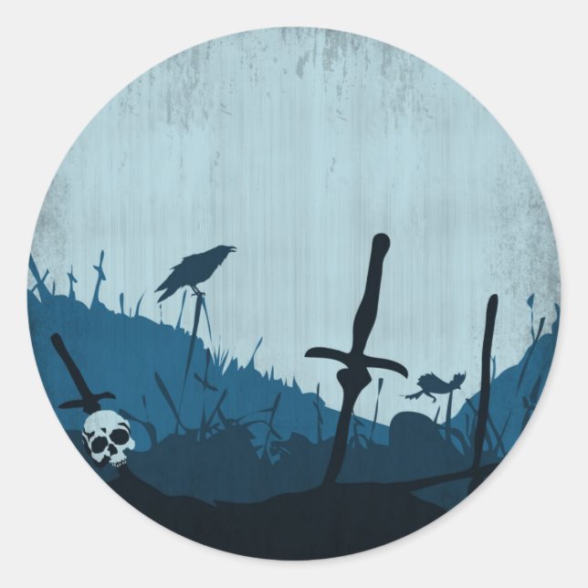 Graveyard with Skulls and Ravens Classic Round Sticker (Front)