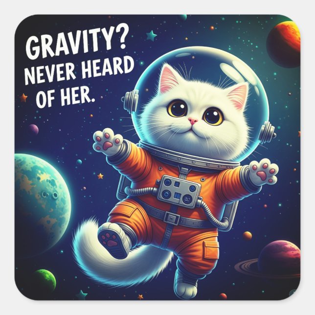 Gravity? Never Heard of Her. Cute Space Cat Square Sticker (Front)