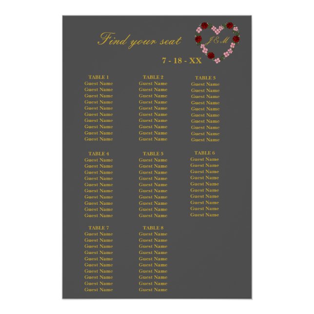 Gray 8-table wedding seating chart (Front)