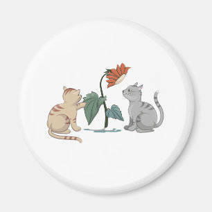 GRAY AND BEIGE CUTE KITTENS PLAY WITH SUNFLOWER MAGNET