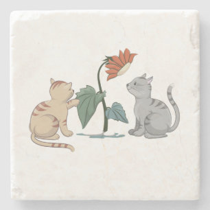 GRAY AND BEIGE CUTE KITTENS PLAY WITH SUNFLOWER STONE COASTER