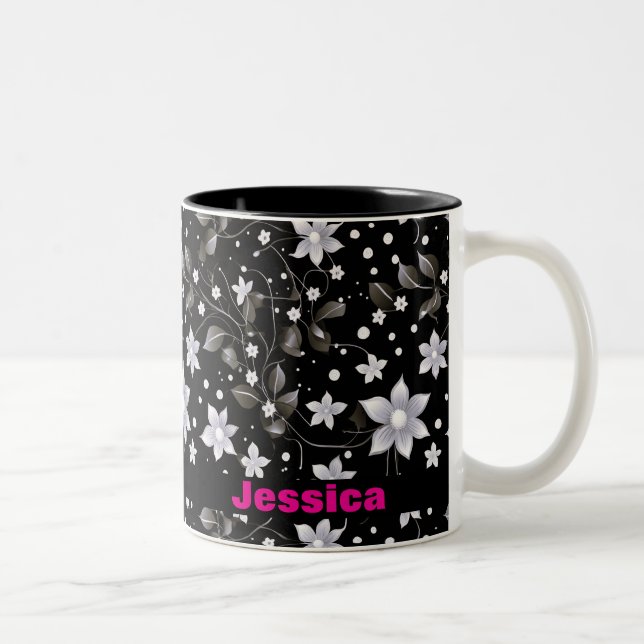 Gray and Black Floral Pattern Two-Tone Coffee Mug (Right)