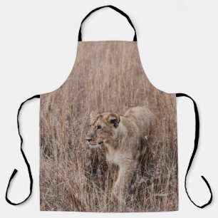 GRAY AND BROWN LION SURROUNDED BY BROWN GRASS APRON