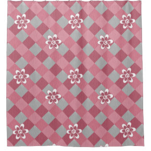 Gray and pink plaid with chamomile flowers shower curtain